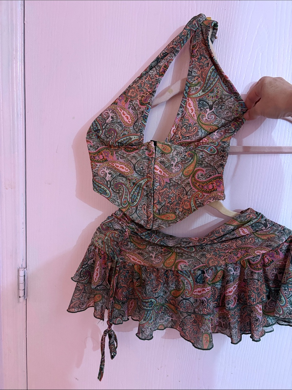 Fashion Nova Paisley Two-Piece Ruffle Mini Skirt Set in Pink, Green, Brown